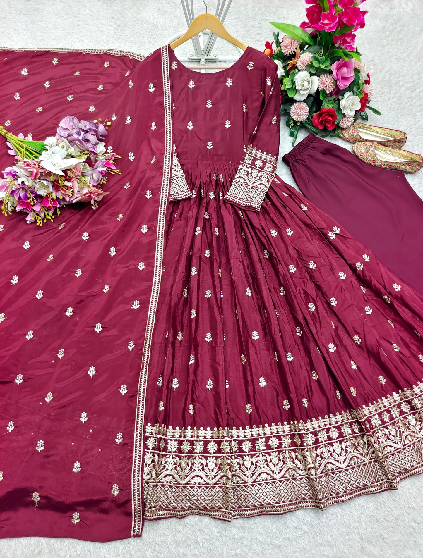 WW-1205 – Chinon Silk Gown-Pant-Dupatta Set