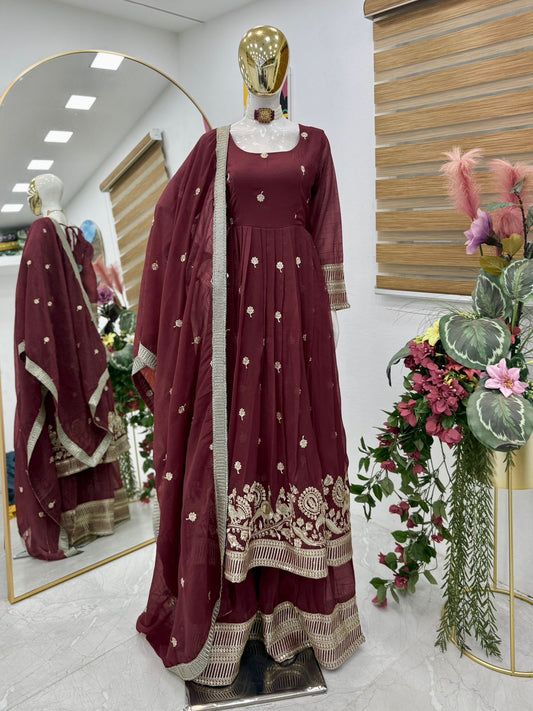 ZB-5055 – New Designer Party Wear Sharara Suit Set - Dark Brown