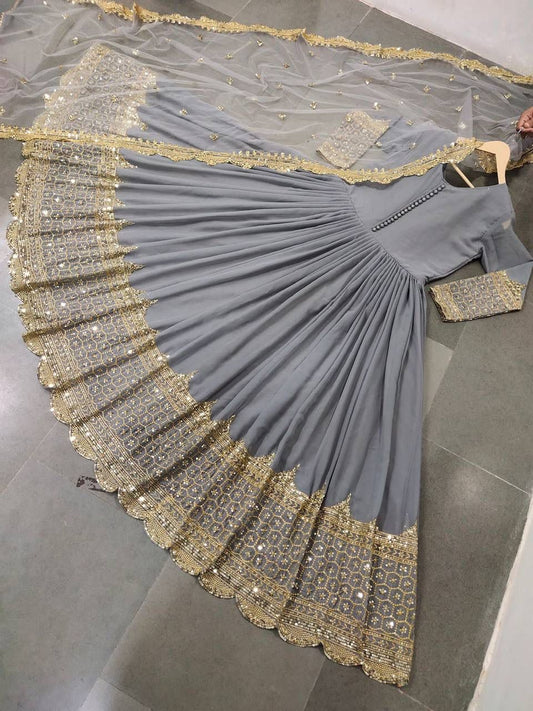 ZF-194 – Elegant Embroidered Gown with Dupatta - Grey