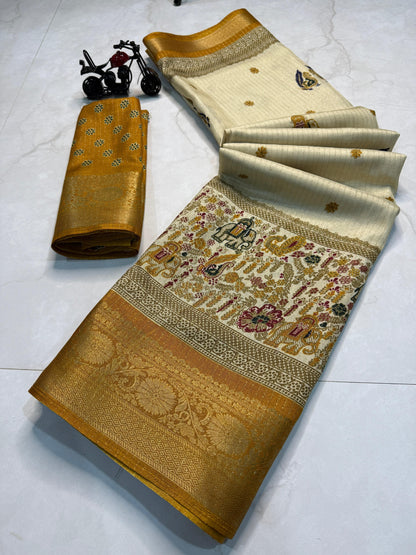 Rekko Silk Saree with All-Over Floral Design & Contrast Border - Mustard