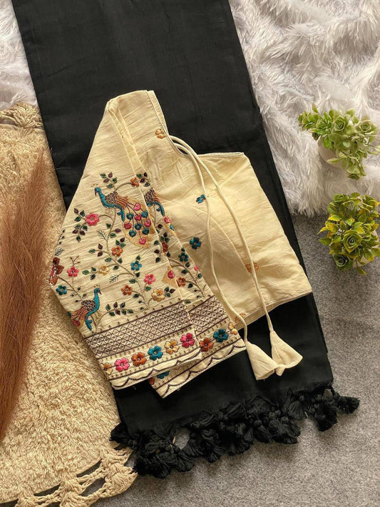 Khadi Cotton Plain Saree with Embroidered Blouse