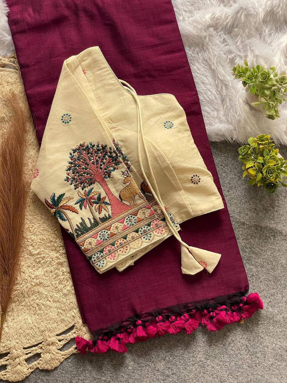 Khadi Cotton Plain Saree with Embroidered Blouse