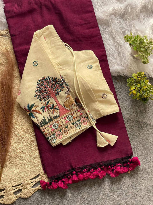 Khadi Cotton Plain Saree with Embroidered Blouse