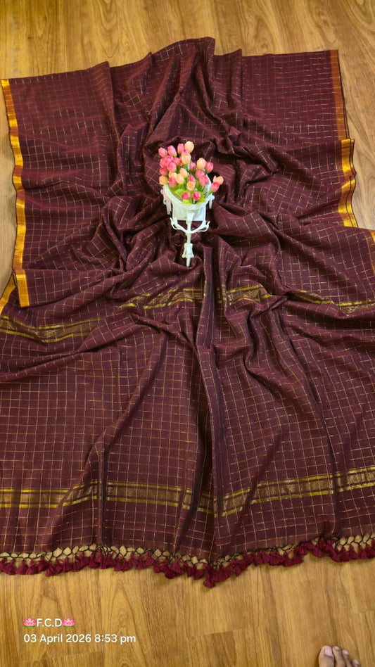Mul Cotton Sarees with Checked Zari Pattern