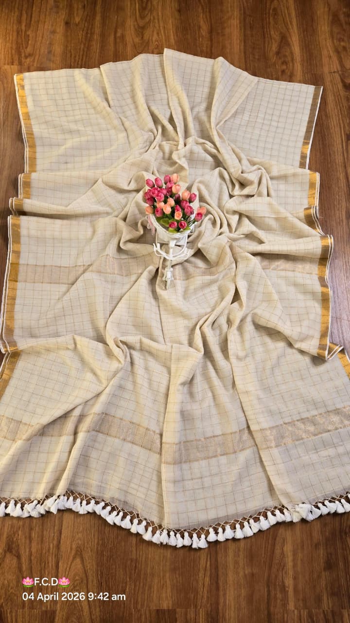 Mul Cotton Sarees with Checked Zari Pattern