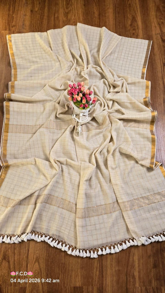 Mul Cotton Sarees with Checked Zari Pattern