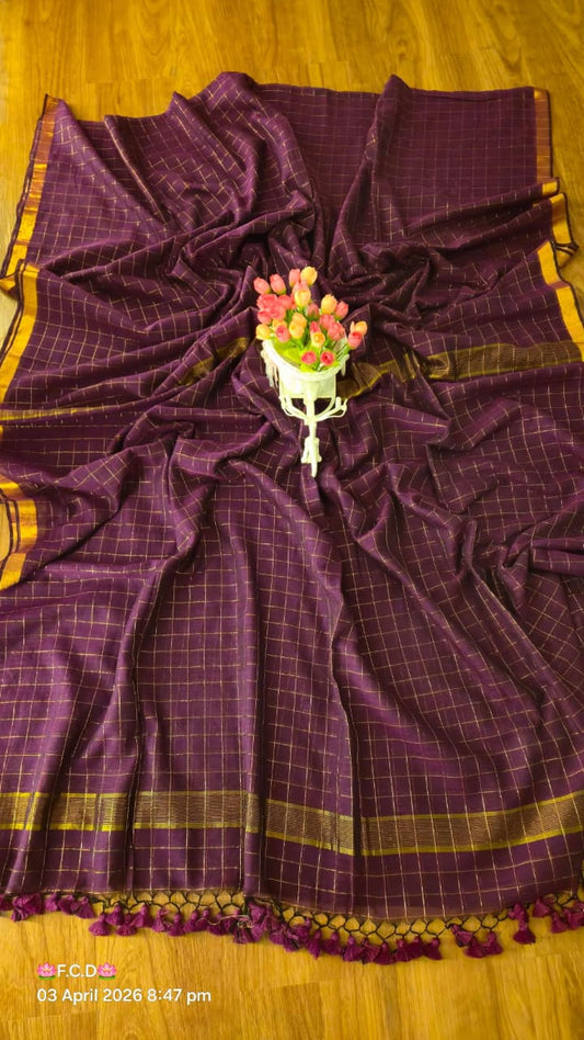 Mul Cotton Sarees with Checked Zari Pattern