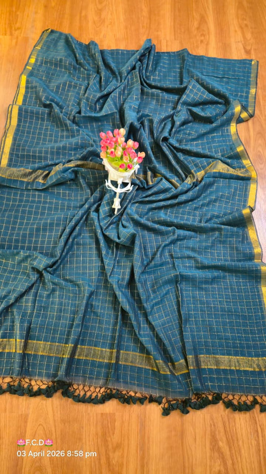 Mul Cotton Sarees with Checked Zari Pattern