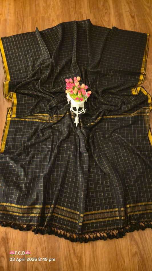 Mul Cotton Sarees with Checked Zari Pattern