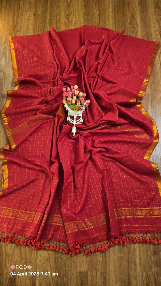 Mul Cotton Sarees with Checked Zari Pattern