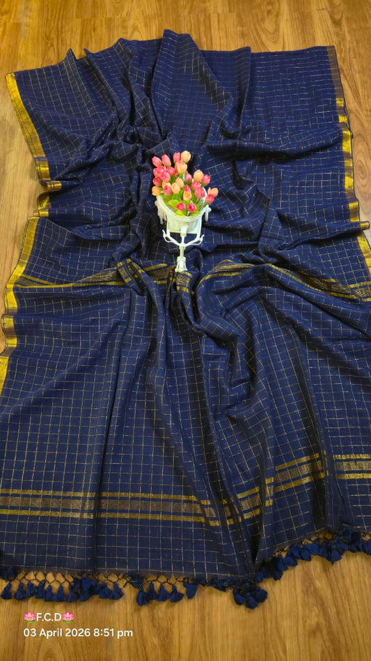Mul Cotton Sarees with Checked Zari Pattern
