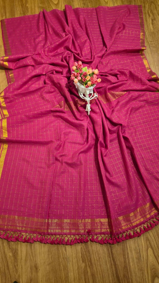Mul Cotton Sarees with Checked Zari Pattern