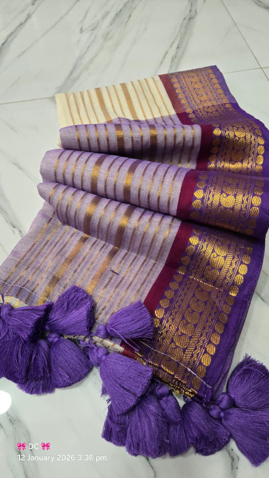 Mul Cotton Sarees with Zari Stripe Weaving