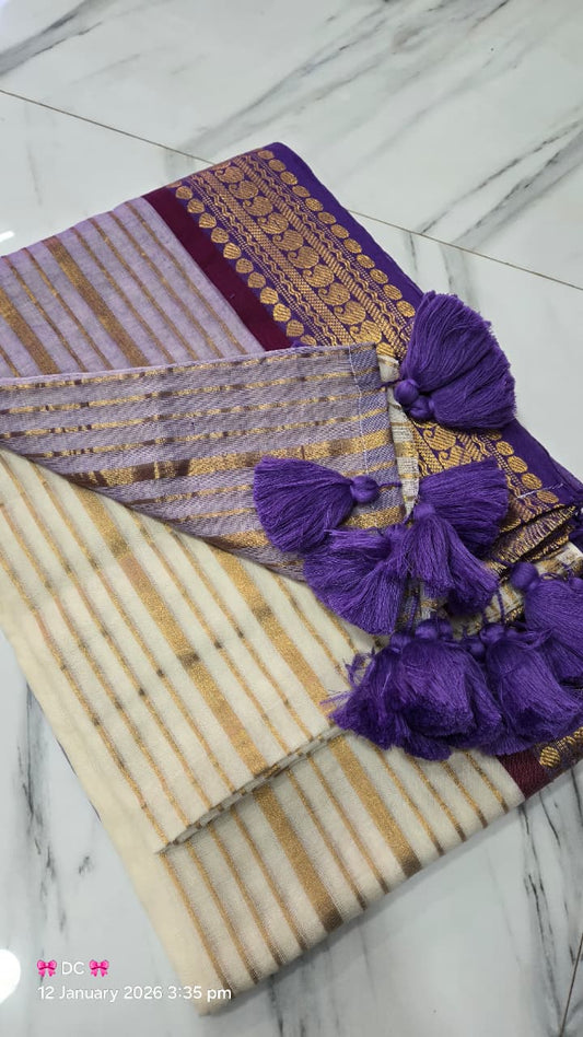 Mul Cotton Sarees with Zari Stripe Weaving