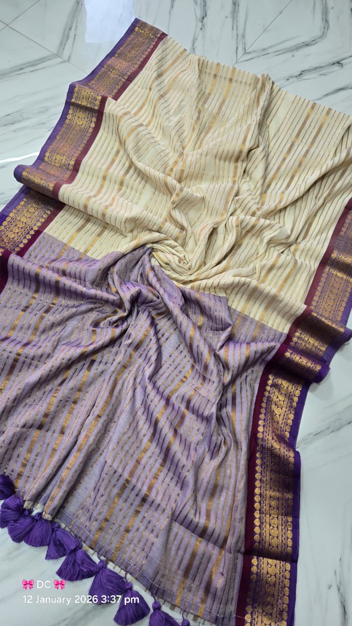 Mul Cotton Sarees with Zari Stripe Weaving