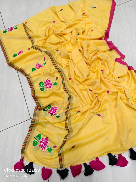 Mul Cotton Sarees with Lotus Embroidery