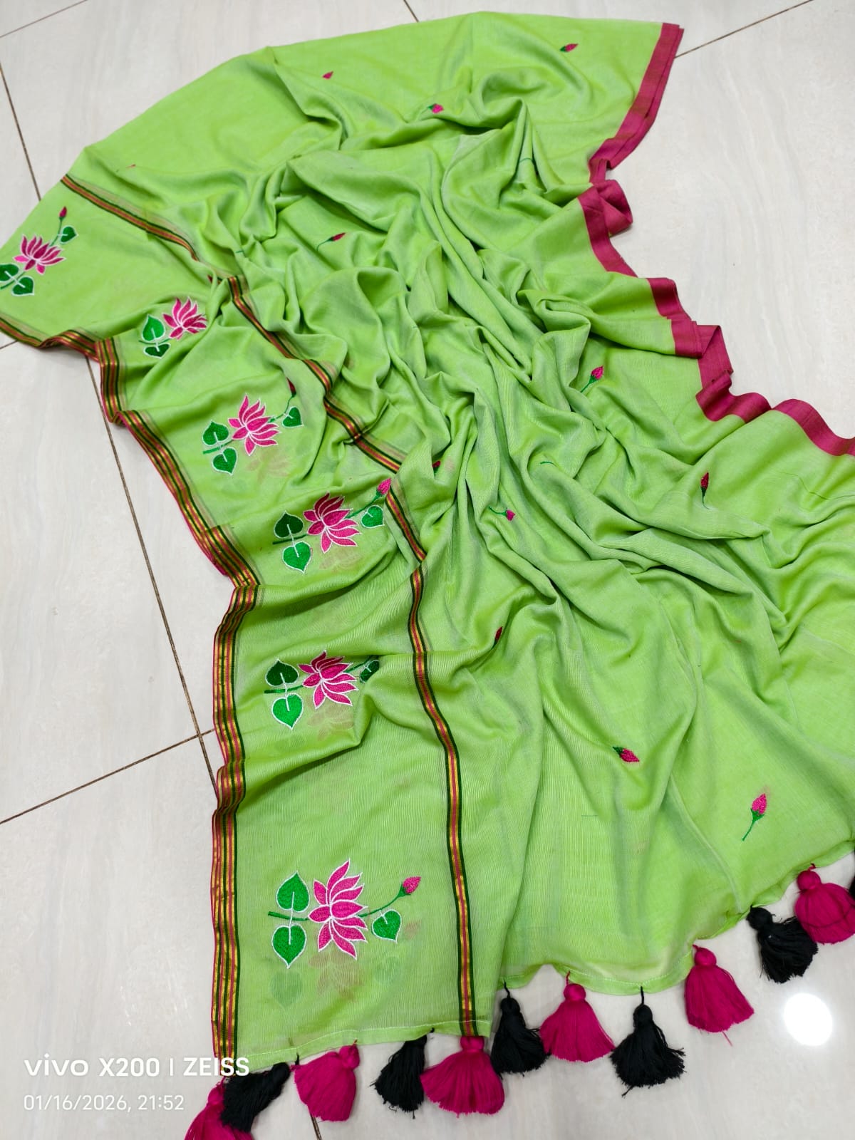 Mul Cotton Sarees with Lotus Embroidery