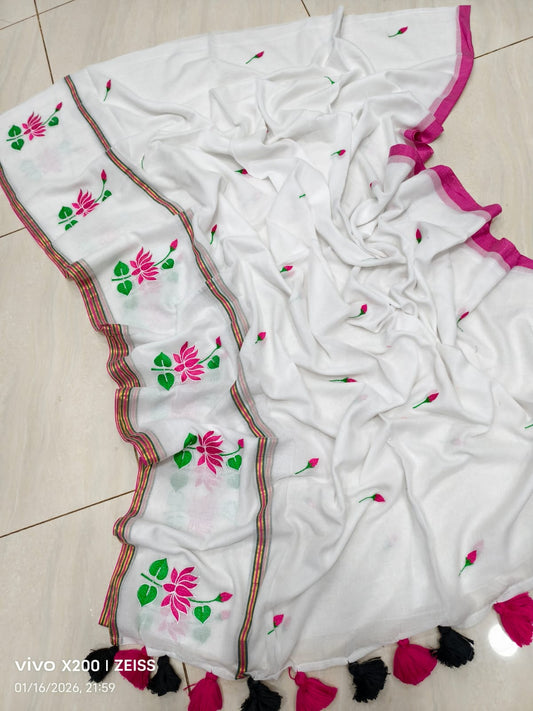 Mul Cotton Sarees with Lotus Embroidery