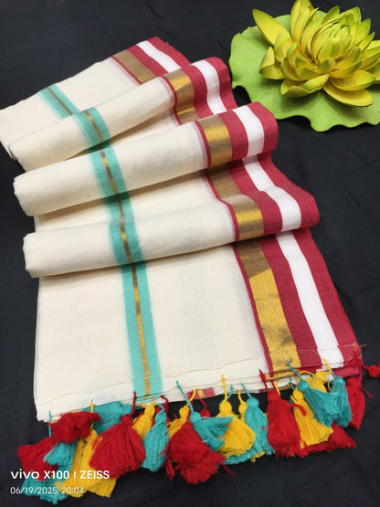 120 Count Mul Cotton Sarees with Zari Borders