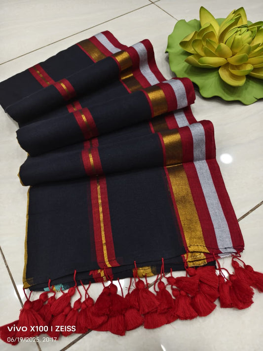 120 Count Mul Cotton Sarees with Zari Borders