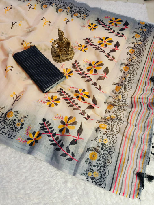 Linen Slub Cotton Floral Sarees
