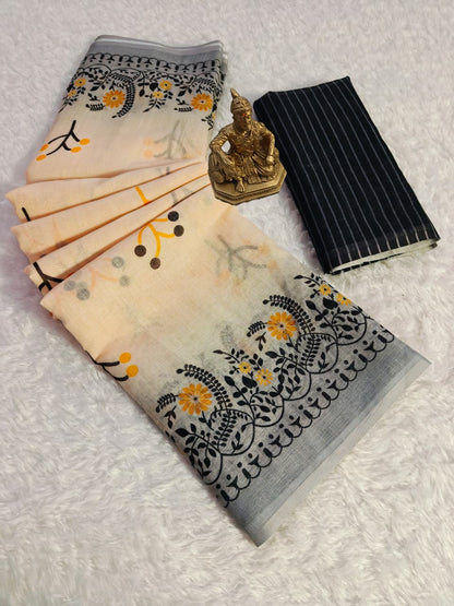 Linen Slub Cotton Floral Sarees