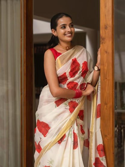 Linen Slub Cotton Floral Sarees