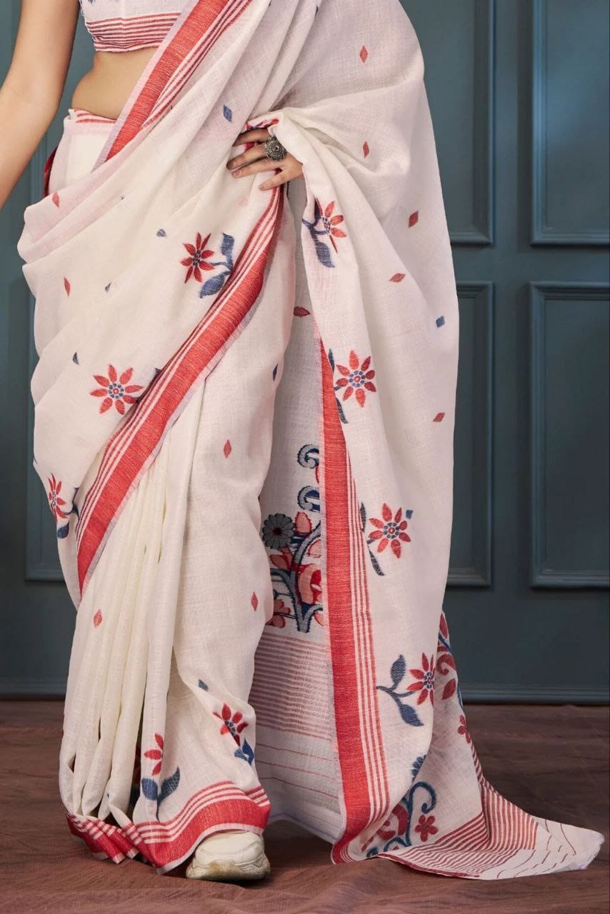 Linen Slub Cotton Floral Sarees