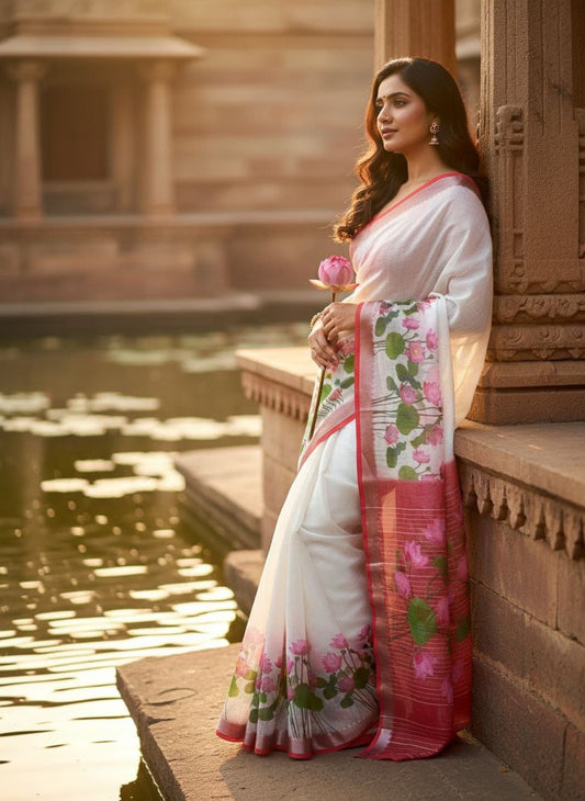 Linen Slub Cotton Floral Sarees