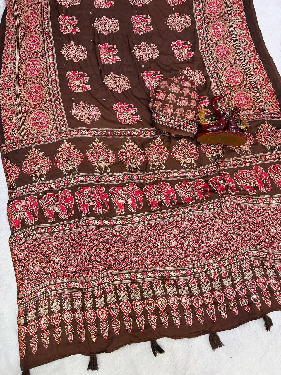 Ajrakh Crepe Silk Sarees with Mirror Work BROWN