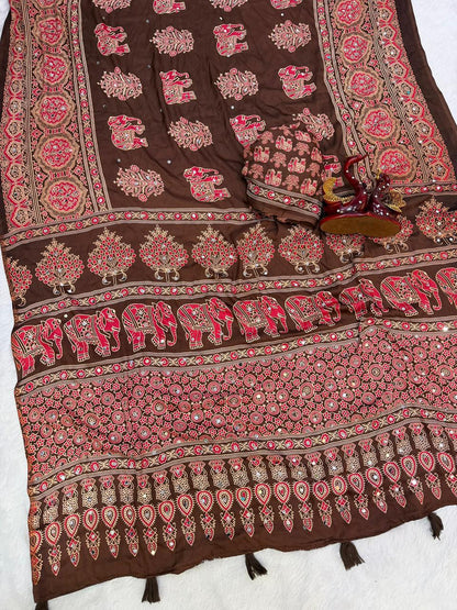 Ajrakh Crepe Silk Sarees with Mirror Work BROWN