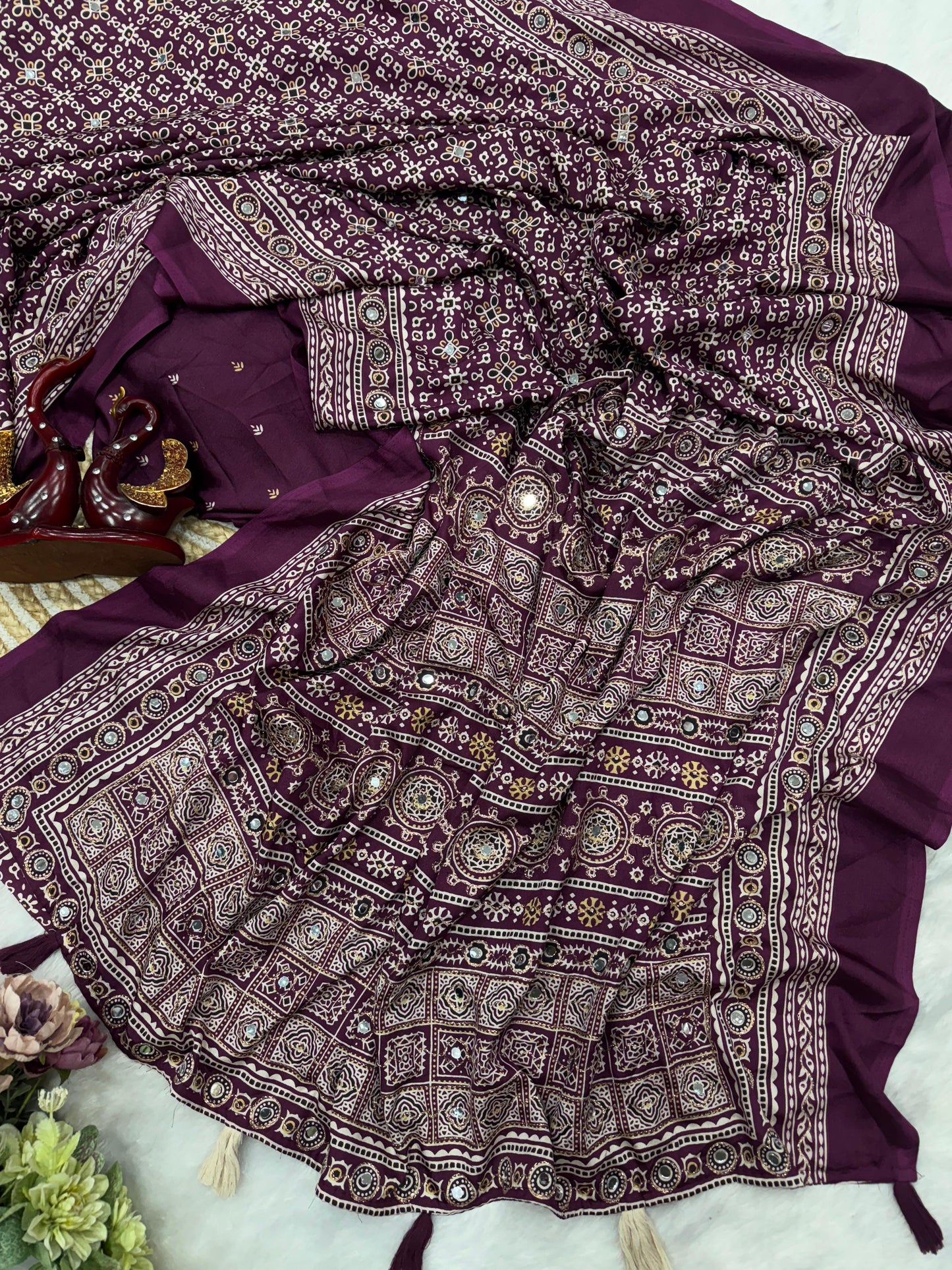 Ajrakh Crepe Silk Sarees with Mirror Work WINE