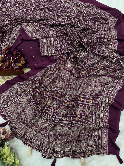 Ajrakh Crepe Silk Sarees with Mirror Work WINE