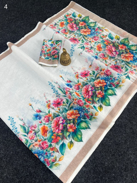 Linen Slub Cotton Floral Sarees
