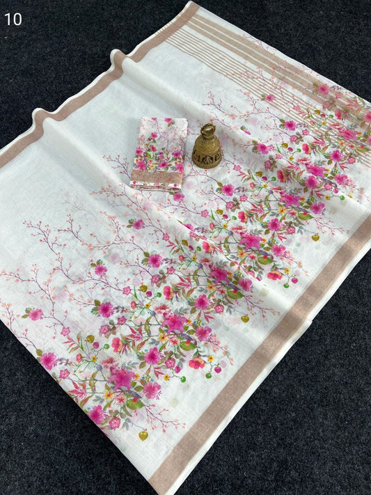 Linen Slub Cotton Floral Sarees