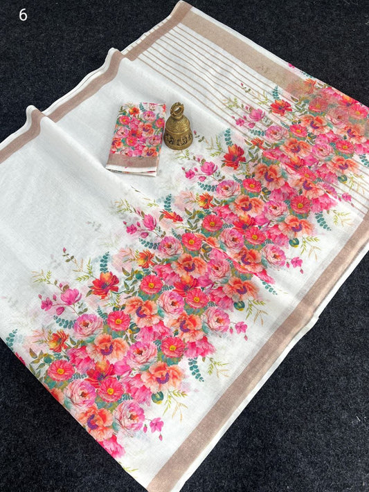 Linen Slub Cotton Floral Sarees