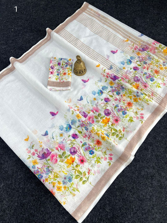 Linen Slub Cotton Floral Sarees
