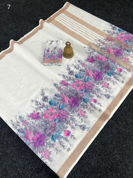 Linen Slub Cotton Floral Sarees