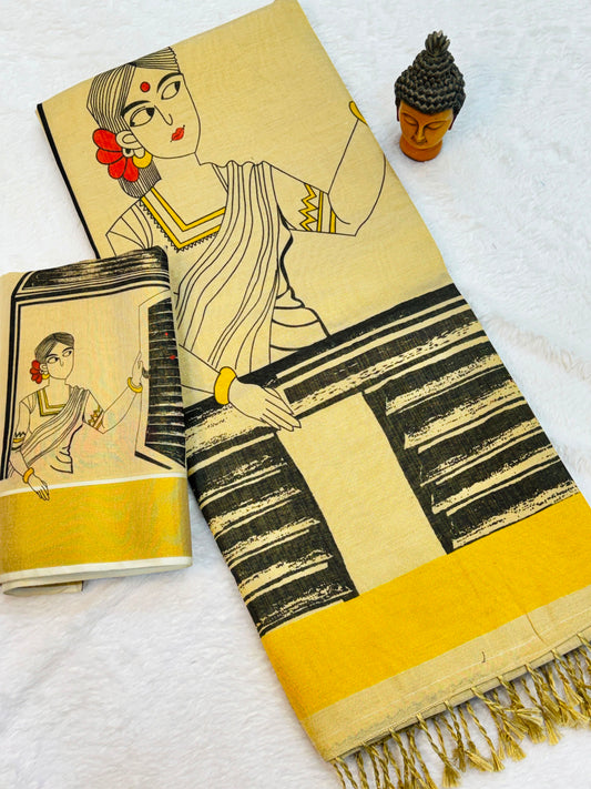 Kerala Tissue Saree with Digital Motif Prints – ₹1100