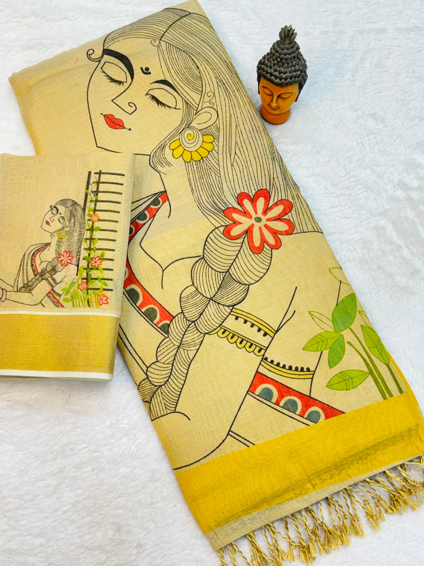 Kerala Tissue Saree with Digital Motif Prints – ₹1100