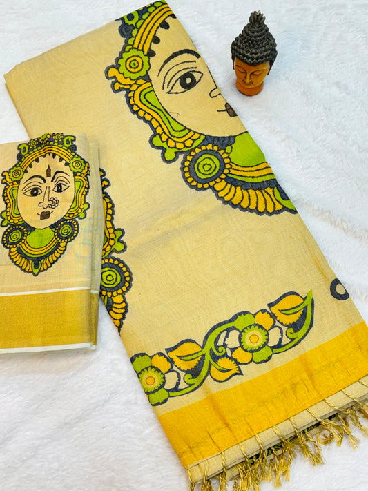 Kerala Tissue Saree with Digital Motif Prints – ₹1100