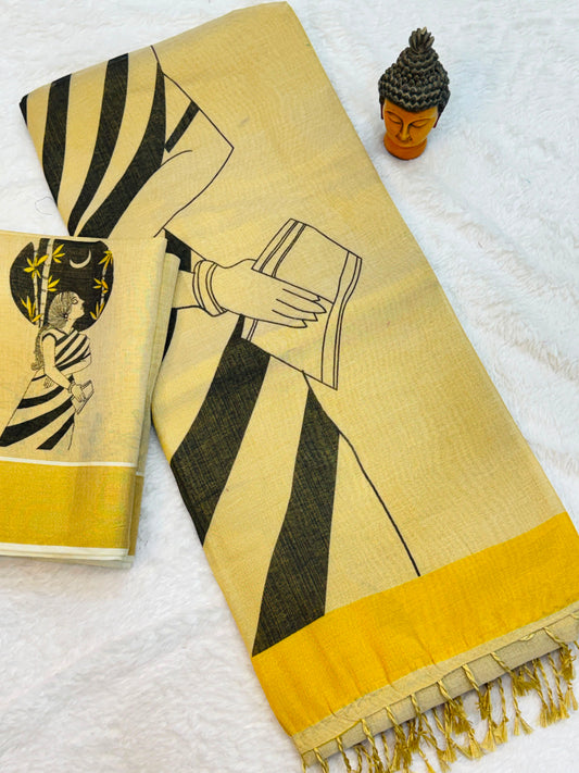 Kerala Tissue Saree with Digital Motif Prints – ₹1100