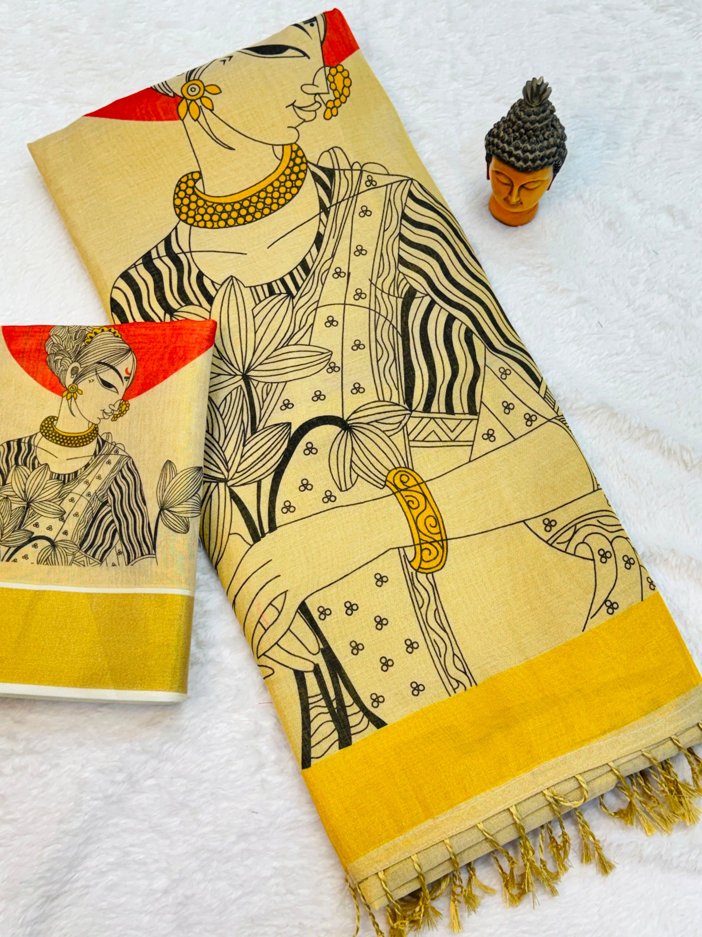 Kerala Tissue Saree with Digital Motif Prints – ₹1100