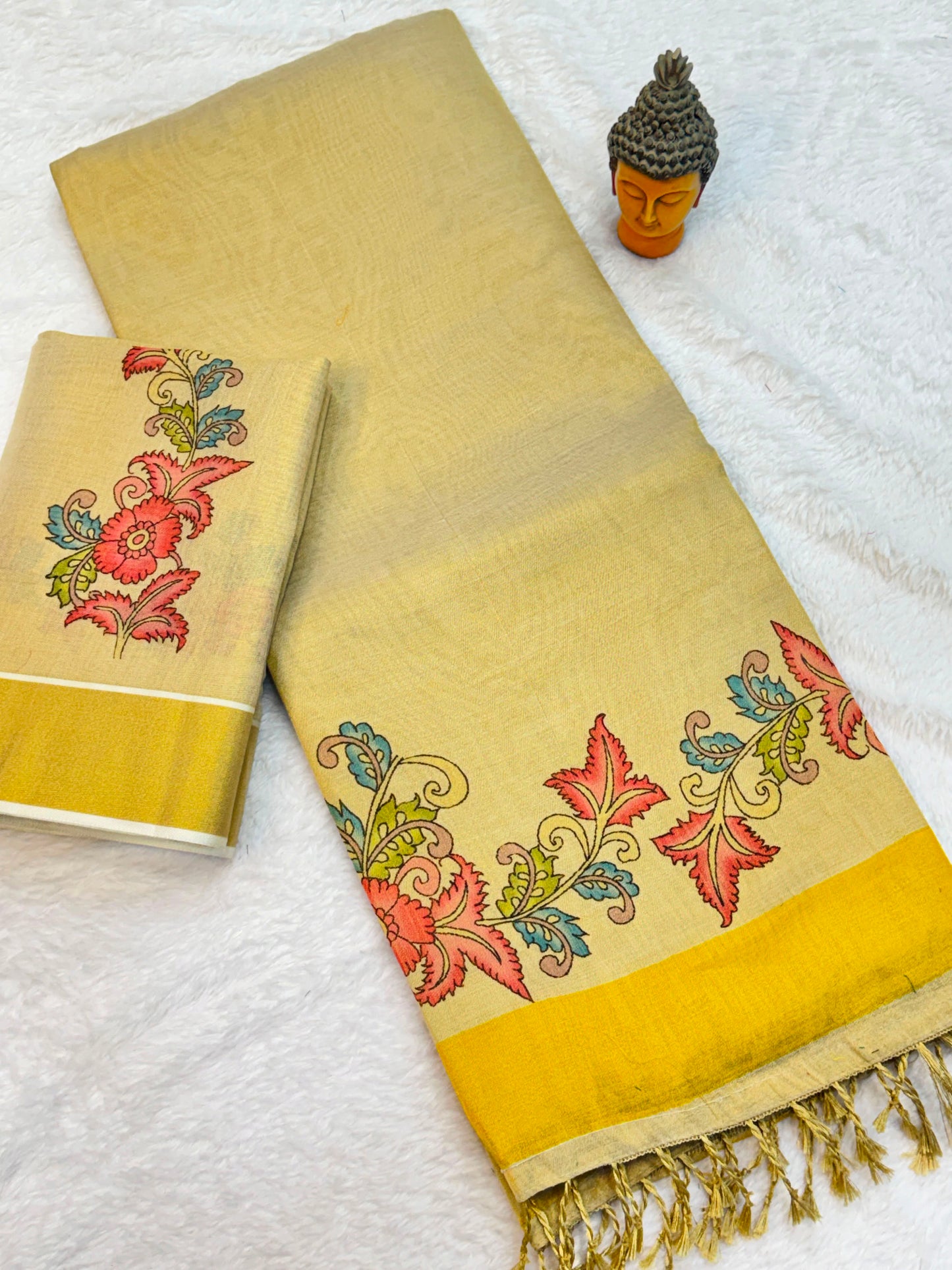 Kerala Tissue Saree with Digital Motif Prints – ₹1100