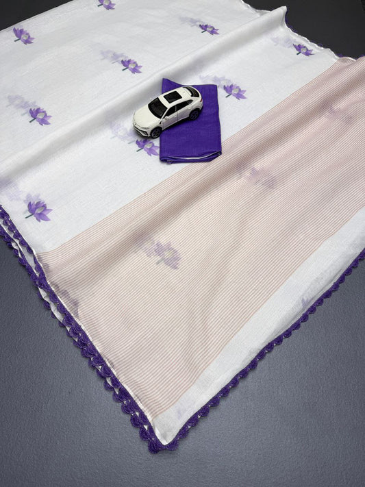 Linen Slub Cotton Saree with Lotus Print & Crochet Lace Borders – ₹899