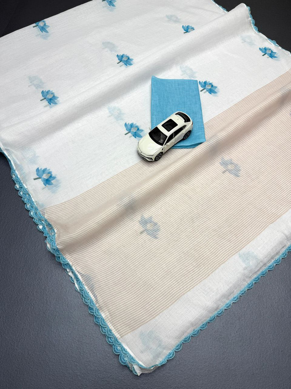 Linen Slub Cotton Saree with Lotus Print & Crochet Lace Borders – ₹899