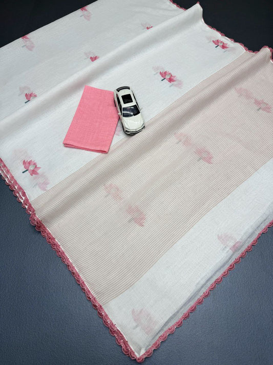 Linen Slub Cotton Saree with Lotus Print & Crochet Lace Borders – ₹899