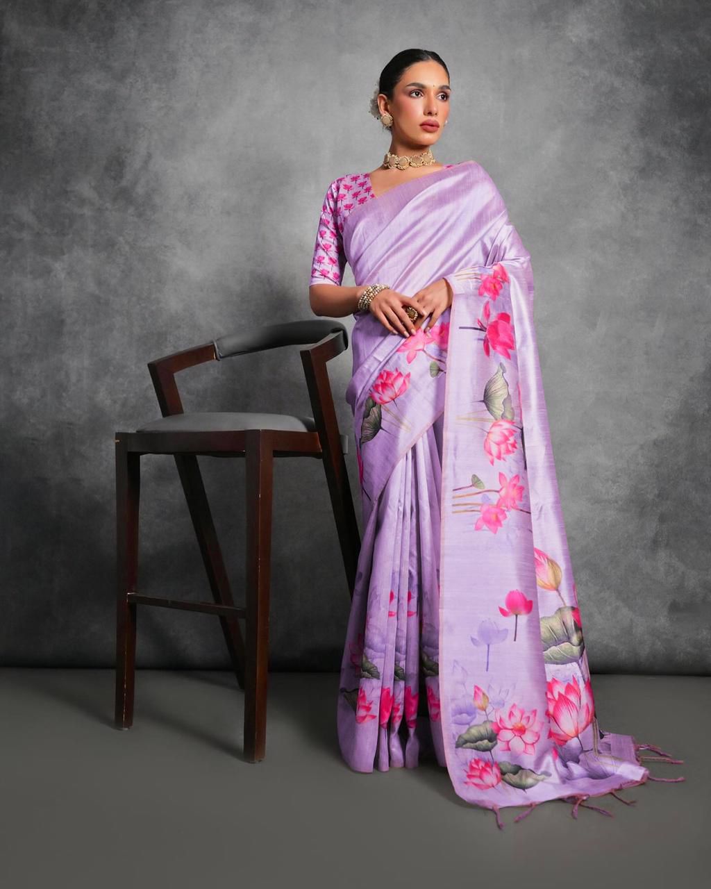 Semi Tussar Silk Floral Saree with Printed Running Blouse – ₹1050