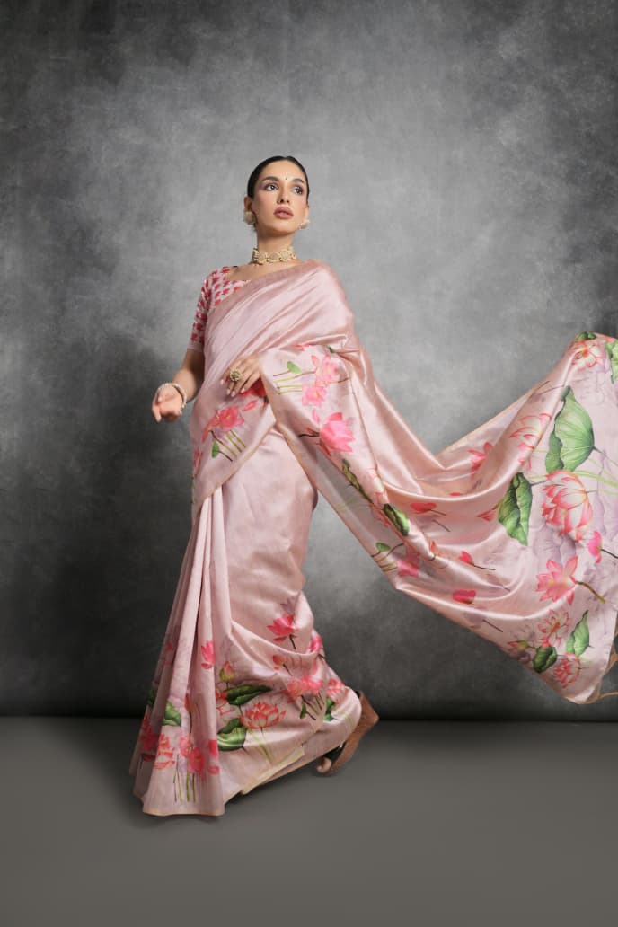 Semi Tussar Silk Floral Saree with Printed Running Blouse – ₹1050
