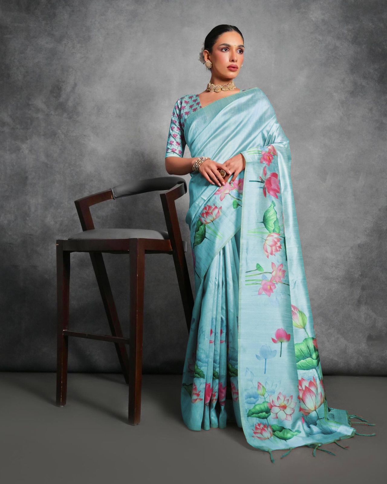 Semi Tussar Silk Floral Saree with Printed Running Blouse – ₹1050